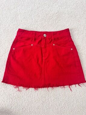 American Eagle Outfitters Red Denim Mini Skirt with Frayed Hem